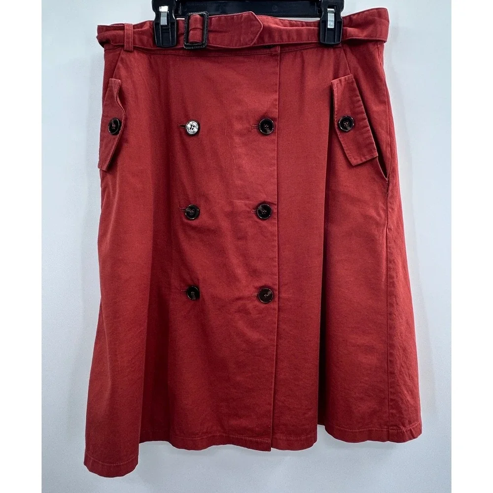 Comme Toi Womens Medium Rust Red Double Breasted Trench Skirt Belted A-Line